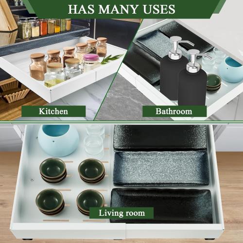 Expandable Cabinet Organizer - Quiet Sliding Pull Out Shelves 12.6-20.5 for Kitchen (White)