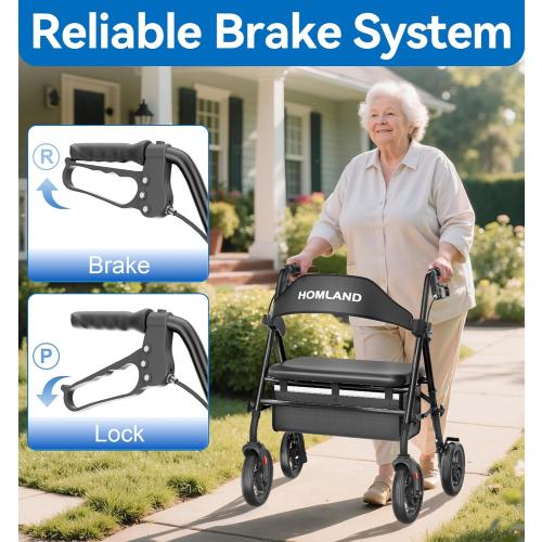 HOMLAND Bariatric Walkers for Seniors, 500lb Heavy Duty Rollator Walker, 19.7 Extra Wide Padded Seat, 8 All Terrain Foldable Rolling Walker with Dual-Height Adjustable