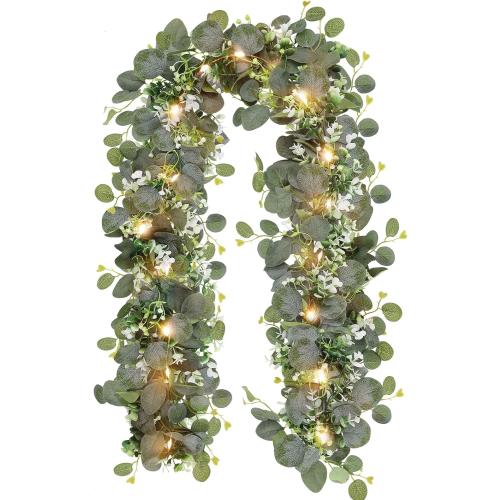 N&T NIETING 1 Pack Artificial Eucalyptus Garland with Lights, 6FT Artificial Greenery Garlands, Battery Operated Twig Vine for Room Stairs Mantle Wedding Holiday Easter Decoration Indoor Outdoor