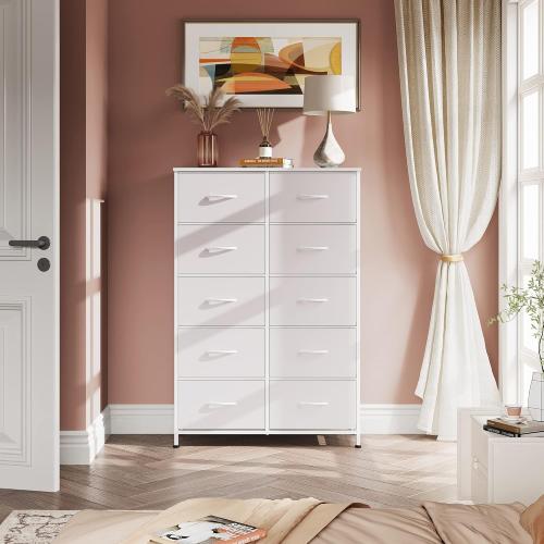WLIVE Fabric Dresser for Bedroom with 10 Drawers, Tall Chest of Drawers, White Dressers Bedroom Furniture, Storage Organizer Unit with Bins for Closet, Hallway, Living Room, Entryway