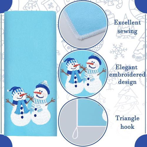 Geyoga 6 Pcs Winter Hand Towels Snowman Embroidered Blue Rustic Bathroom Towels for Winter Bathroom Kitchen Farmhouse Decor Gifts, 13.8 x 23.6 Inch