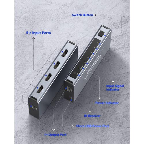 HDMI Switch 5 in 1 Out 4K@60Hz, GANA HDMI Splitter Switcher with Remote, Aluminum HDMI 2.0 Switch Box Hub for 3D, HDCP2.2, HDR, Compatible with Xbox, PS5/4/3,Fire Stick,Roku,Blu-Ray Player