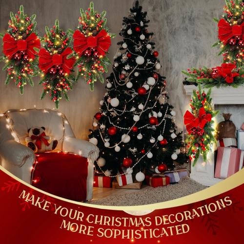 Lyrow 8 Pcs Christmas Artificial Swags 24 Xmas The Cordless  Stairway Swag Teardrop Trim Wreath Door Stair Swag Garland Christmas Swags for Outdoor Home Garden Decor(Red,Ribbon)