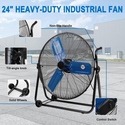 24 Inch High Velocity Industrial Fan 8500 CFM Heavy Duty Outdoor Fan 3-Speed 360 Degree Adjustable Tilt, Metal Floor Fans with Aluminum Blades for Workshop Patio Commercial Factory Garage - UL Listed
