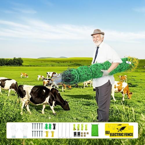 Size Large Color Green and yellow Electric Fence Netting, Electric Livestock Netting with 14 Double Barbed Poles, Suitable for Pigs, Cows, Sheep and Other Large Animals, Portable Electric Fence for Farms, Ranches