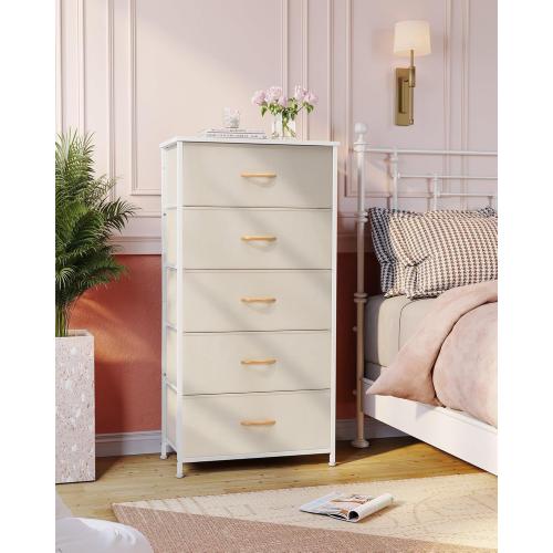 Crestlive Products Vertical Dresser Storage Tower - Sturdy Steel Frame, Wood Top, Easy Pull Fabric Bins - Wide Organizer Unit for Bedroom, Hallway, Entryway, Closets - 5 Drawers(Beige)