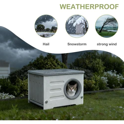 Outdoor Cat House Weatherproof, Insulated Heavy-Duty HDPE Feral Cat Shelter with Cozy Cushion, Elevated Stackable Round Entrance Cat House for All Seasons Indoor Outdoor (Grey and White)