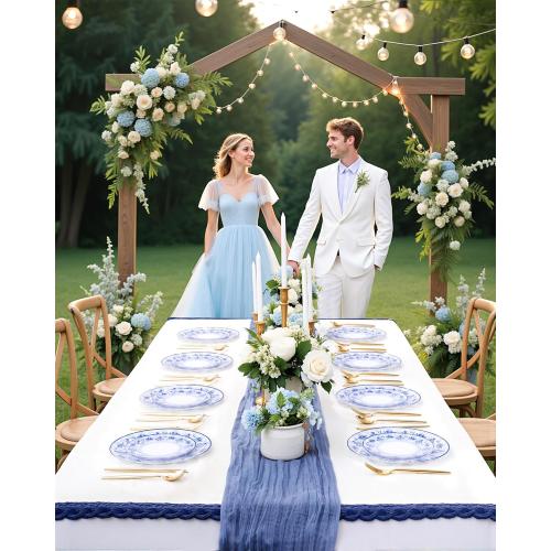 WONDERFUL 32pcs Blue Plastic Plates Blue and White Fancy Disposable Plates Floral Decorative Plate Disposable Heavy Duty for High-End Party Retro Decor