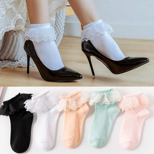 SRYL Women Ankle Socks, Lace Ruffle Frilly Cotton Trim Double Layer, Princess Dress Socks H08