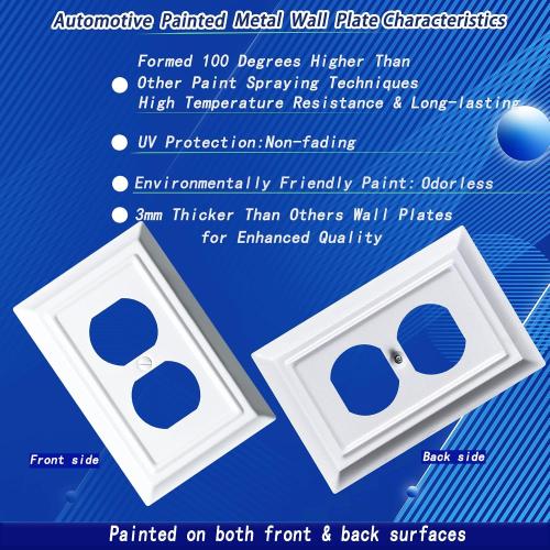 Metal Decorative Wall Plate, Electrical Outlet Covers, Light Switch Covers, Thick and Durable Mid Size 3.16'' x 4.92'' Switch Plate in Various Styles (Pure White, 1 Gang Duplex 4 PK)