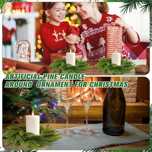 Dingion 12 Pcs Christmas Norfolk Pine Candle Ring Wreaths 6 Inch Small Christmas Wreath Garland Artificial Green Pine Ornaments Xmas Table Centerpiece for Wedding Farmhouse Home Cabinets Window Decor