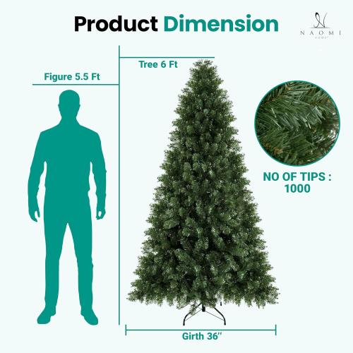 6ft Full Body Unlit Artificial Christmas Tree, Realistic Dense Pine with 1,000 Branch Tips, Hinged Easy Assembly & Stable Base, Perfect for Holiday Ornaments