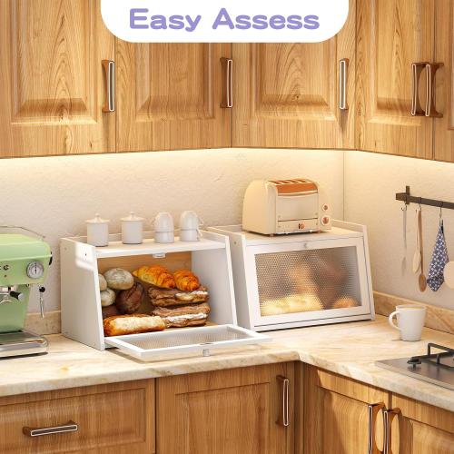 Large Farmhouse Bread Box with Window -White Natural Wood Bread Storage Container for Kitchen Countertop