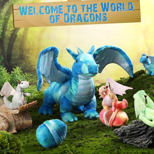 Deekin 7 Pcs Dragon Toy Set 16 Inch Large Dragon Stuffed Animal with 4 Baby Plush and 2 Eggs in Mommy's Belly Dinosaur Plushies Gifts for Boys Girls Birthday(Bright Style)