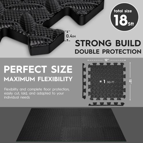 18pcs Puzzle Exercise Mat, 12.6x12.6x0.4, 18sqft EVA Interlocking Foam Floor Tiles, Non-Slip, Protective, Water-Resistant Flooring for Home Gym & Workout Equipment