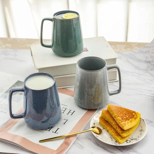 Large Ceramics Coffee Mugs,with Spoon and Wooden Lid,for Coffee,Tea,Cocoa,Large Handle Design,Microwave Dishwasher Safe (Gray Set)