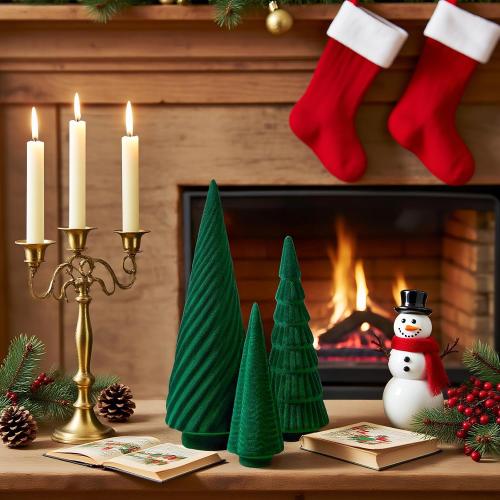 DN DECONATION Set of 3 Flocked Velvet Christmas Trees, Green Tabletop Xmas Tree Decor with Pine, Swirl & Wave Designs Mini Christmas Figurines for Mantel, Desk, Holiday Centerpiece