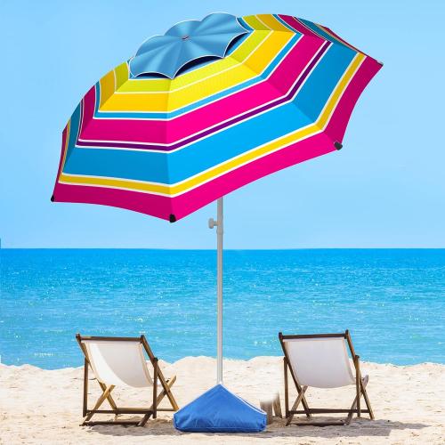 8FT Large Beach Umbrella with Level 7 Wind Resistance, Sand Anchor, Portable Outdoor Umbrella with UPF50  UV Protection, Tilt Sun Shelter for Beach, Patio, Yard