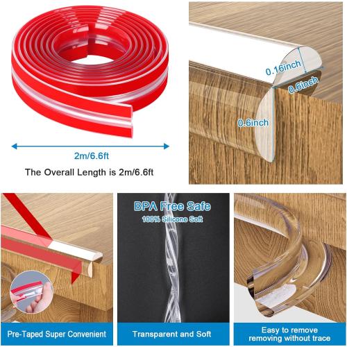 Baby Proofing, 0.6in Edge Protector Strip Clear, Thickened Silicone Soft Corner Protectors with Upgraded Pre-Taped Strong Adhesive, 6.6ft Edge Protectors for Sharp Corners of Cabinets, Tables, Drawers
