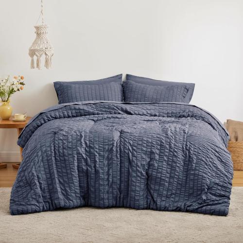 Size queen OekoTex cabin Seersucker Navy Blue Queen Comforter Set 7 Pieces, All Season Bedding Set, Queen Bed in a Bag Comforter Set with Comforter, Flat Sheet, Fitted Sheet, Pillowcase and Pillow Sham