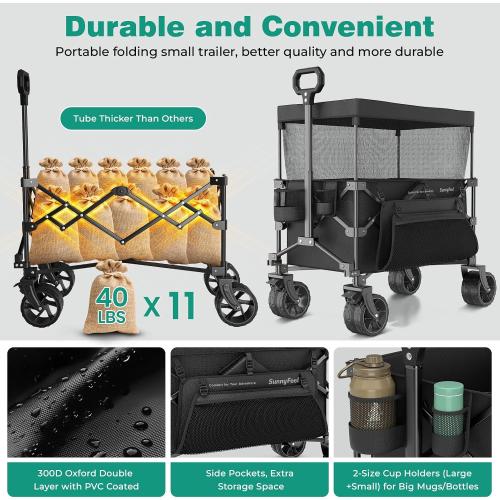 SUNNYFEEL Foldable Wagon Cart with Canopy - 445L Extra Large | 440 LBS Heavy Duty Utility Cart with All-Terrain Wheels, 3-in-1 Portable Wagon for Garden, Grocery, Camping, Beach, Shopping