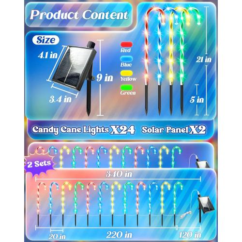 Anordsem Solar Christmas Decorations Outdoor: 21 Candy Cane Stake Lights 24 Pack - Waterproof LED 8 Colorful Lighting Models for Yard Pathway Xmas Tree Decor - 2026 New Year Gifts for Homeowners