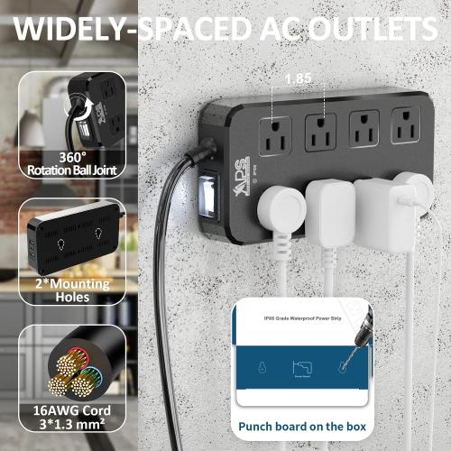QIYUAN Outdoor Power Strip Weatherproof Waterproof 8 Outlet 3 USB 6FT | Outdoor Extension Cord with Multiple Outlets, Wall Mountable Outlet Extender Heavy Duty 13A for Patio Garden RV Christmas