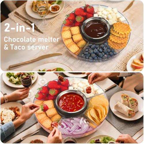 FEPPO Cordless Electric Fondue Pot Set with Mood Light, 2*4500mAh Rechargeable Battery Powered - 7 Roulette Cards & Detachable Serving Tray, 13.5 oz Chocolate Melting Machine, Ideal Gift for Parties