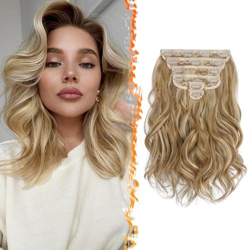 BARSDAR 12 Inch Wavy Golden Blonde Clip in Hair Extensions - 6PCs Short Wavy Golden Blonde Highlight Clip in Hair Extensions for Women - Full Head Thick Soft Synthetic Hairpieces Daily Party