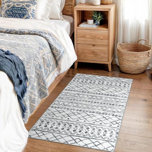 Moroccan Rugs for Entryway, 2x3 Grey Washable Small Area Rug, Non-Slip Ultra Soft Vintage Geometric Low-Pile Indoor Door Mat Floor Carpet for Indoor, Entrance, Kitchen