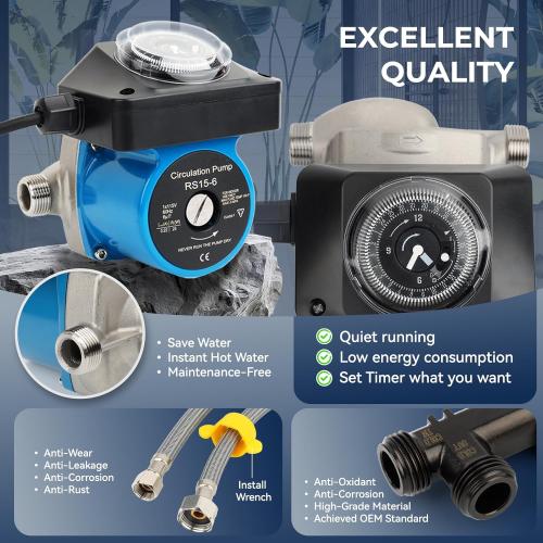 Hot Water Recirculating Pump Kit for Tank Water Heaters – Programmable Timer, Two Upgraded Brass Bypass Sensor Valves, 4-Line Configuration, Easy DIY Installation 0955805,595916