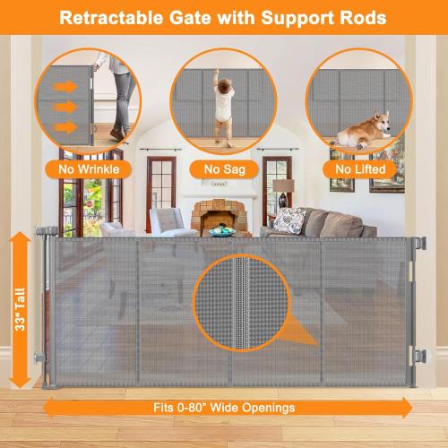 Upgrade 80” No Drill Retractable Baby Gates for Doorways No Drilling Mesh Gate with Support Rod - Prevent Bottom Escape Large Baby Gate No Drill Retractable Gate Outdoor Retractable Pet Gates for Dogs