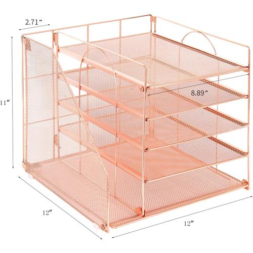 Desk Organizers and Accessories, 5-Tier Paper Letter Tray Organizer with File Holder, Desktop Organizer for Office Supplies, Office Desk Accessories & Workspace (Rose Gold)