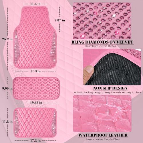 CAR PASS Bling Leather Car Mats Shining Diamond Floor Mats Crystal Rhinestones Sparkly Glitter Carpet Anti-Slip Waterproof Pad Universal Fit for Automotive SUV, Sedan, Van, 5pcs for Girl Women Pink