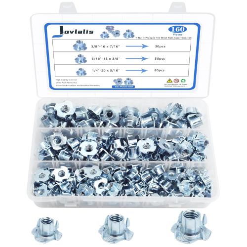 T Nuts 1/4-20, 5/16-18, 3/8-16, Jovlalis 160 pcs Zinc Plated Steel T-Nut 4 Pronged Tee Blind Nuts Assortment Kit for Wood, Rock Climbing Holds, Cabinetry, Furniture