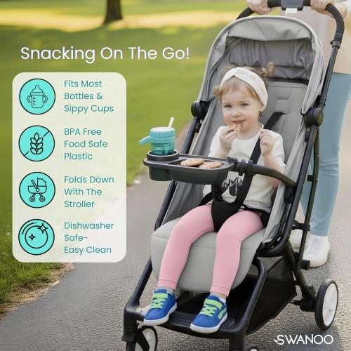 Swanoo Universal Stroller Snack Tray | Compatible With Nuna Mockingbird Bugaboo Uppababy | Stroller Bumper Bar Tray Attachment with Cup Holder | Baby Toddler Disneyland Essentials Stroller Accessories