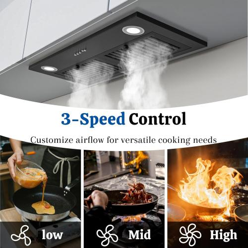 FIREGAS Black Range Hood Insert 30 Inch, 600 CFM Ducted/Ductless Convertible Built-in Kitchen Vent Hood, Stainless Steel Stove Hood with 3 Speed Exhaust Fan & Baffle Filters