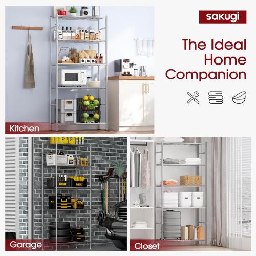 Sakugi Storage Shelves - 5 Tier Shelf Organizer, Heavy Duty Garage Shelving Unit with Leveling Feet, Stable Metal Shelves Organizer for Pantry, Kitchen and Closet, 33.0 W x 12.6 D x 72.0 H, Silver