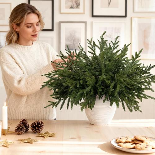 14 Pcs Norfolk Pine Stems, 18 Inch Real Touch Artificial Christmas Norfolk Pine Branch, Faux Greenery Picks for Vase DIY Garland Home Holiday Decor