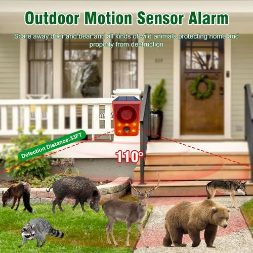 ChunHee Solar Outdoor Motion Sensor Alarm with Dog Barking Gunshot Sound, Support Recording and Adjustable Volume, 130db Loud Noise Maker 3 Work Modes Strobe Light for Home, Villa, Farm, Barn (3pack)