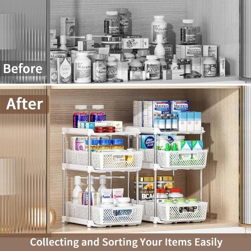 3Pcs 3 Tier Bathroom Organizers and Storage, UPGRADE WIDER BOLDER, Pull Out Under Sink Organizer with Dividers, Kitchen Pantry Organizers and Storage, Bathroom Storage Cabinet - White