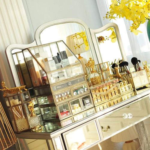 Vintage Makeup Organiser Clear Mirrored Brass Metal Case Spacious Cosmetic Storage for Makeup/Jewelry/Brushes/Perfumes/Skincare Glass Display Cabinets Dustproof Make Up Storage