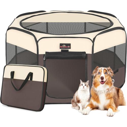 Aivituvin Dog Playpen, Foldable Pet Play Pens with Carrying Bag for Cat, Puppies, Rabbits, Portable Dog Tent Crates Cage for Travel Camping Indoor Outdoor, Removable Shade Cover, Brown L