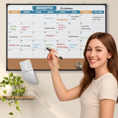 Monthly Calendar Dry Erase Board 36x24 Inch, Double-Sided Whiteboard and Corkboard Combo with Black Aluminum Frame (Color Calendar), Wall Mounted Planner with Marker, Magnet, Push Pin, Eraser