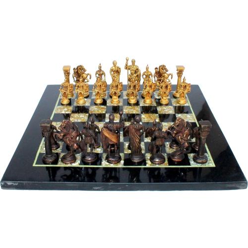 StonKraft Collectible Black Marble and (MOP) Mother of Pearl Chess Board Set   Brass Roman Chess Pieces - Decorative Stone Chess - Home Décor - 15 Inches