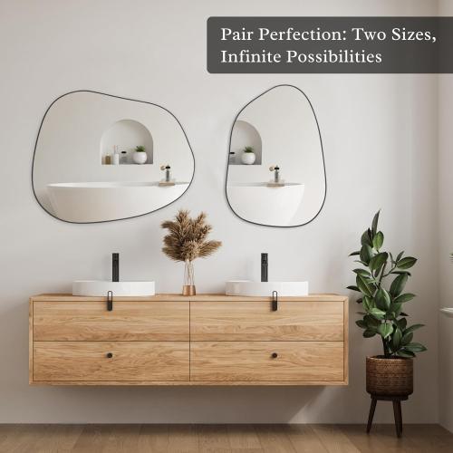 Irregular Asymmetrical Wall Mirror, 32x24 Black Bathroom Mirror | Decorative modern unique mirror. HD glass mirror for bedroom, living room, entryway, mantel and vanity decor
