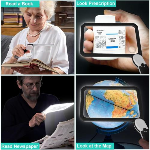 30X 10X 5X Large Magnifying Glass with Light, Rechargeable Foldable Full Book Page Magnifier, 48 LED Light Small Print Magnifier Sheet Lightweight for Low Visual Person and Seniors (Black)