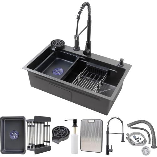 29.5 x 17.7 inch Black Kitchen Sink, Single Bowl Stainless Steel Drop In Kitchen Sink Workstation with Spring Pull-Down Faucet and Cup Washer, Soap Dispenser