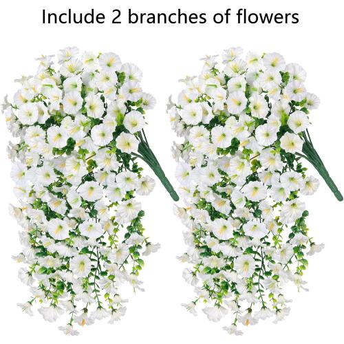 Artificial Faux Hanging Flowers Plants for Outdoor Decor,2 PCS Fake Silk Morning Glory with Eucalyptus UV Resistant Realistic Trailing Vines for Wall Home Porch Patio Balcony Yard Indoor Decor,White