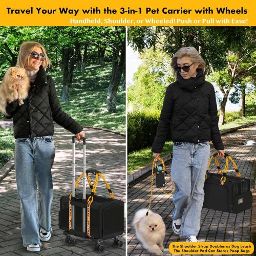 PAWZIDEA Expandable Pet Carrier with Wheels, 18x11x11 TSA Airline Approved Cat Carrier for 2 Cats Under Seat, Soft-Sided Dog Carrier for Small Dogs Rolling Travel Bag w/Telescopic Handle, ID Card